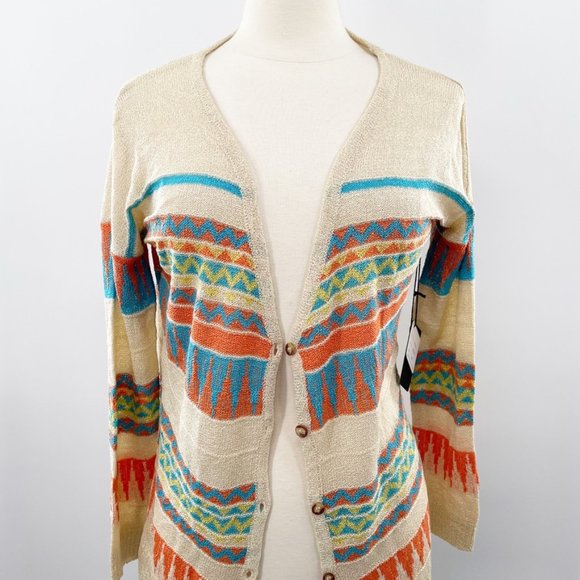 Sisters Womens Tan Western Geometric Light Weight Sweater Cardigan Size S/M NEW - Picture 2 of 8